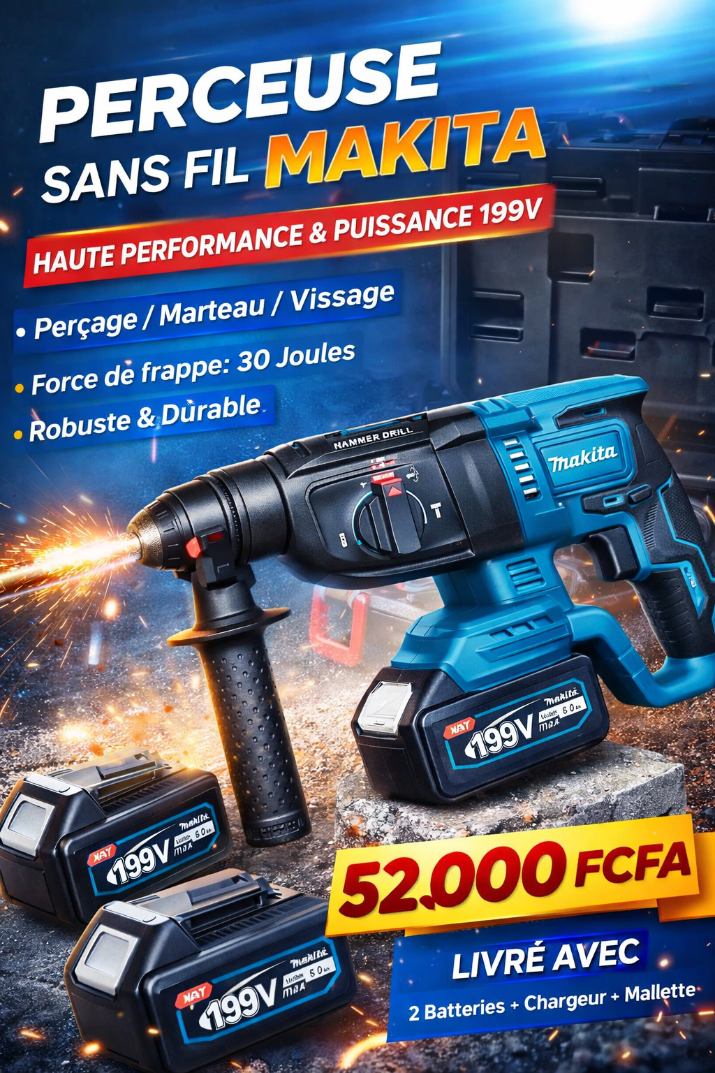 🛠 PERCEUSE SANS FIL MAKITA 199V – PUISSANCE PROFESSIONNELLE !