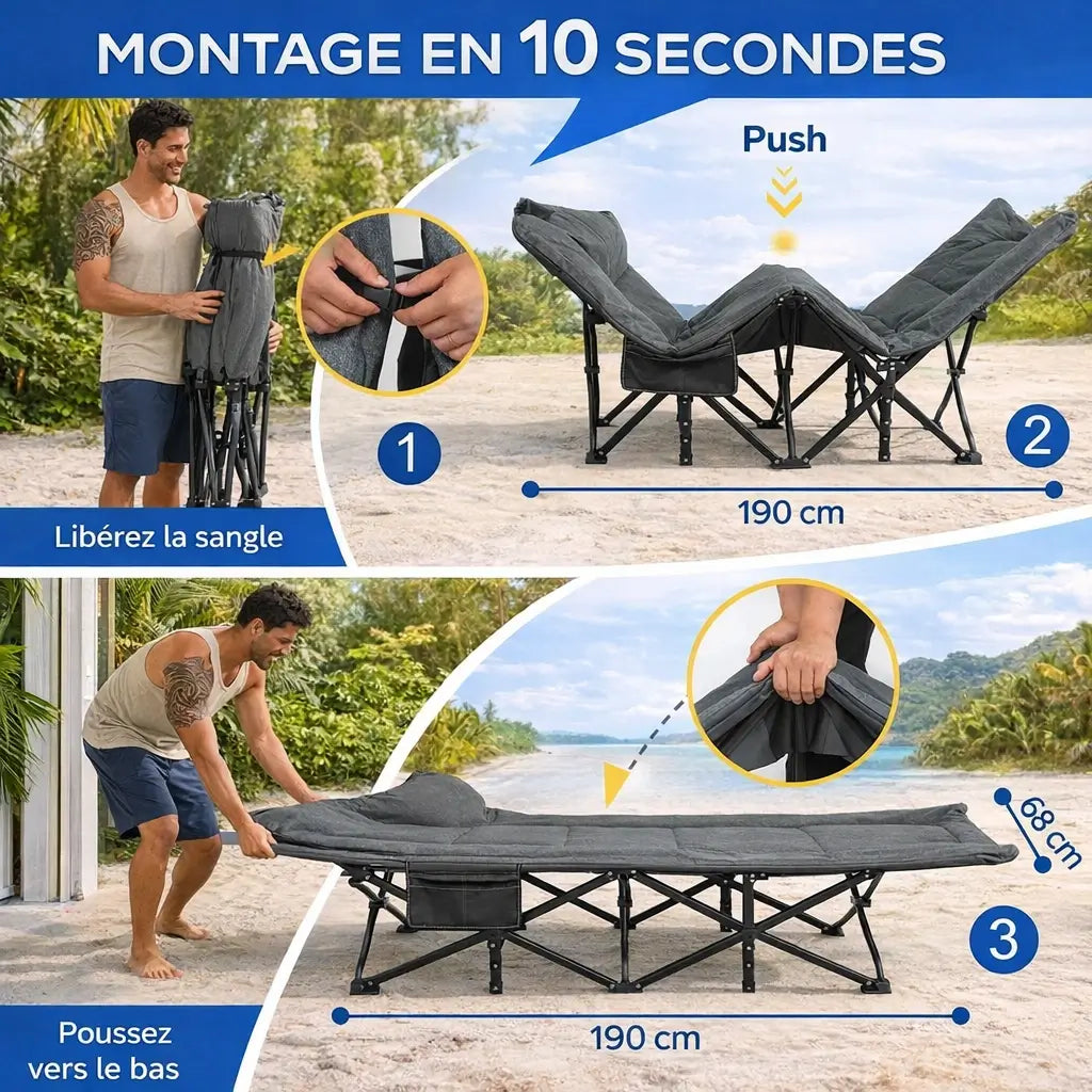 Lit de camping pliant confort – 250 kg