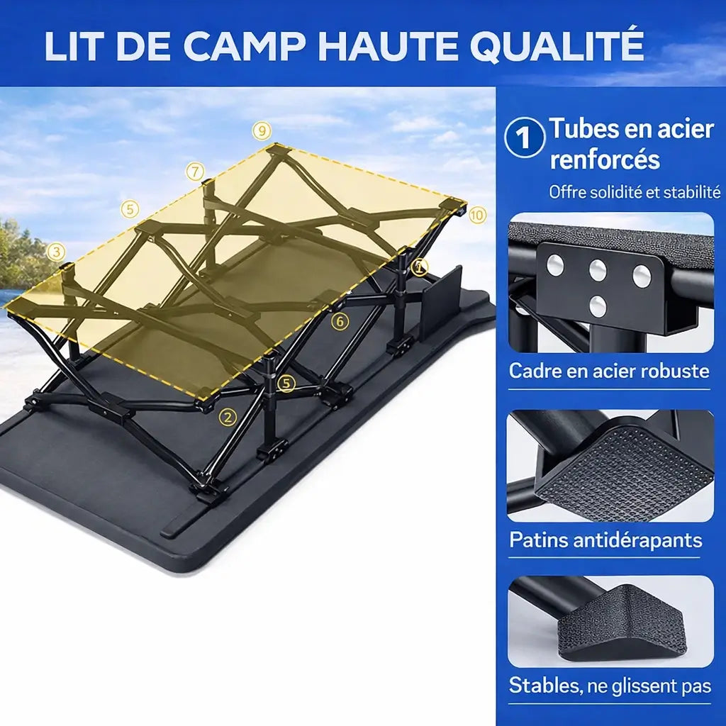 Lit de camping pliant confort – 250 kg