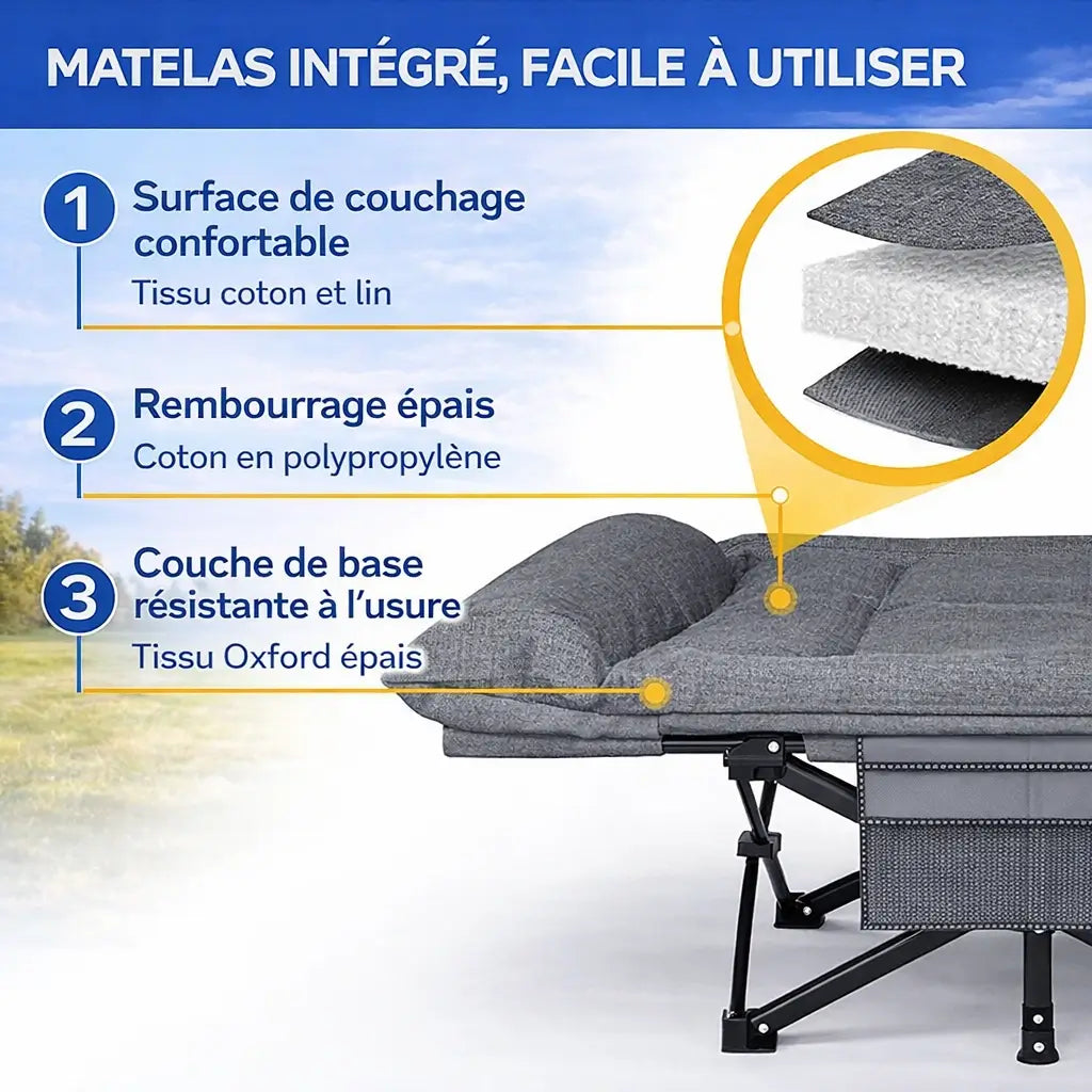 Lit de camping pliant confort – 250 kg
