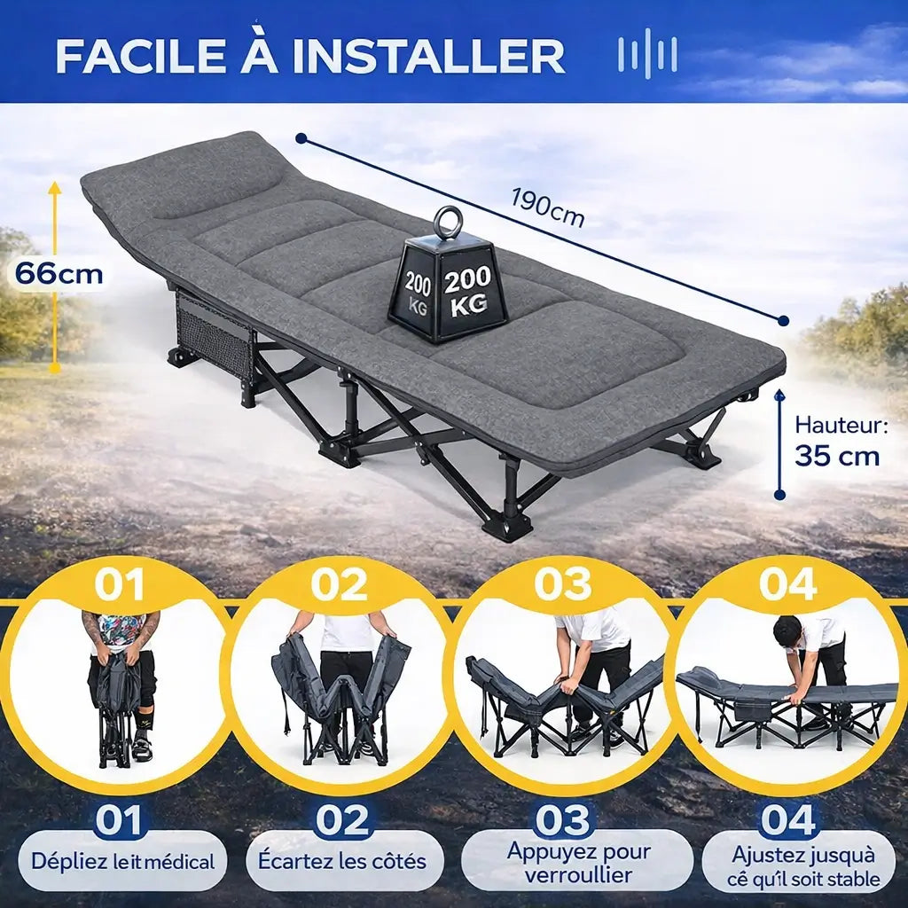 Lit de camping pliant confort – 250 kg