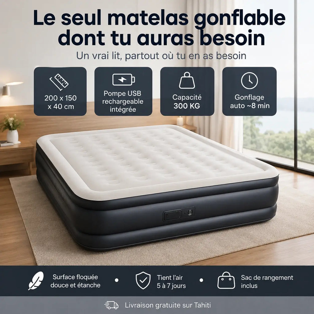 Matelas Gonflable 2 Places – Pompe USB Rechargeable & Arrêt Auto | Camping & Maison