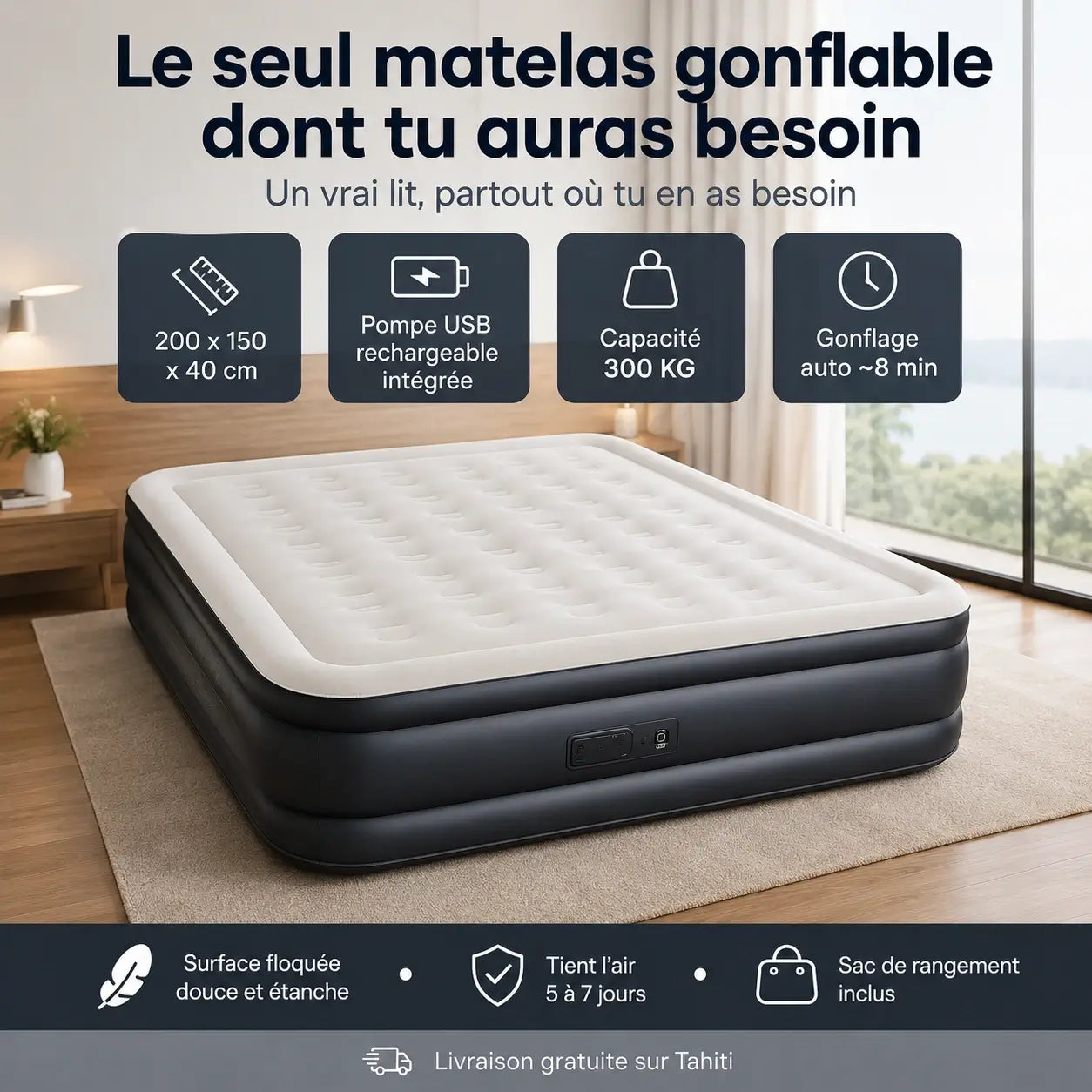 Matelas Gonflable 2 Places – Pompe USB Rechargeable & Arrêt Auto | Camping & Maison