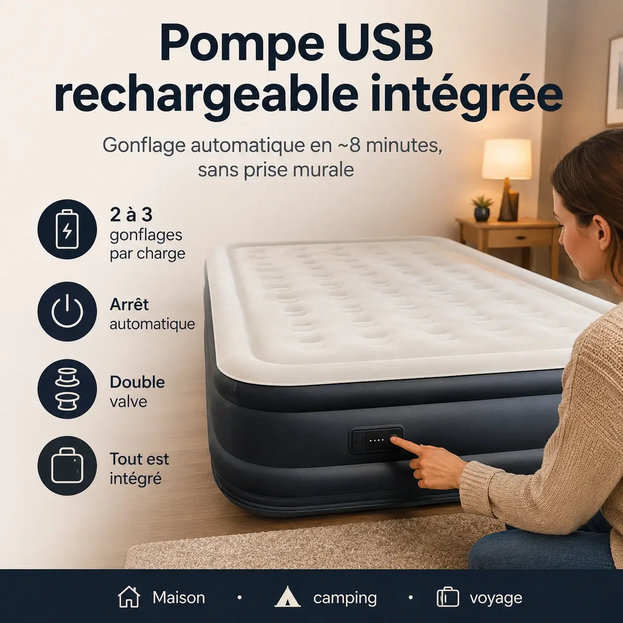 Matelas Gonflable 2 Places – Pompe USB Rechargeable & Arrêt Auto | Camping & Maison