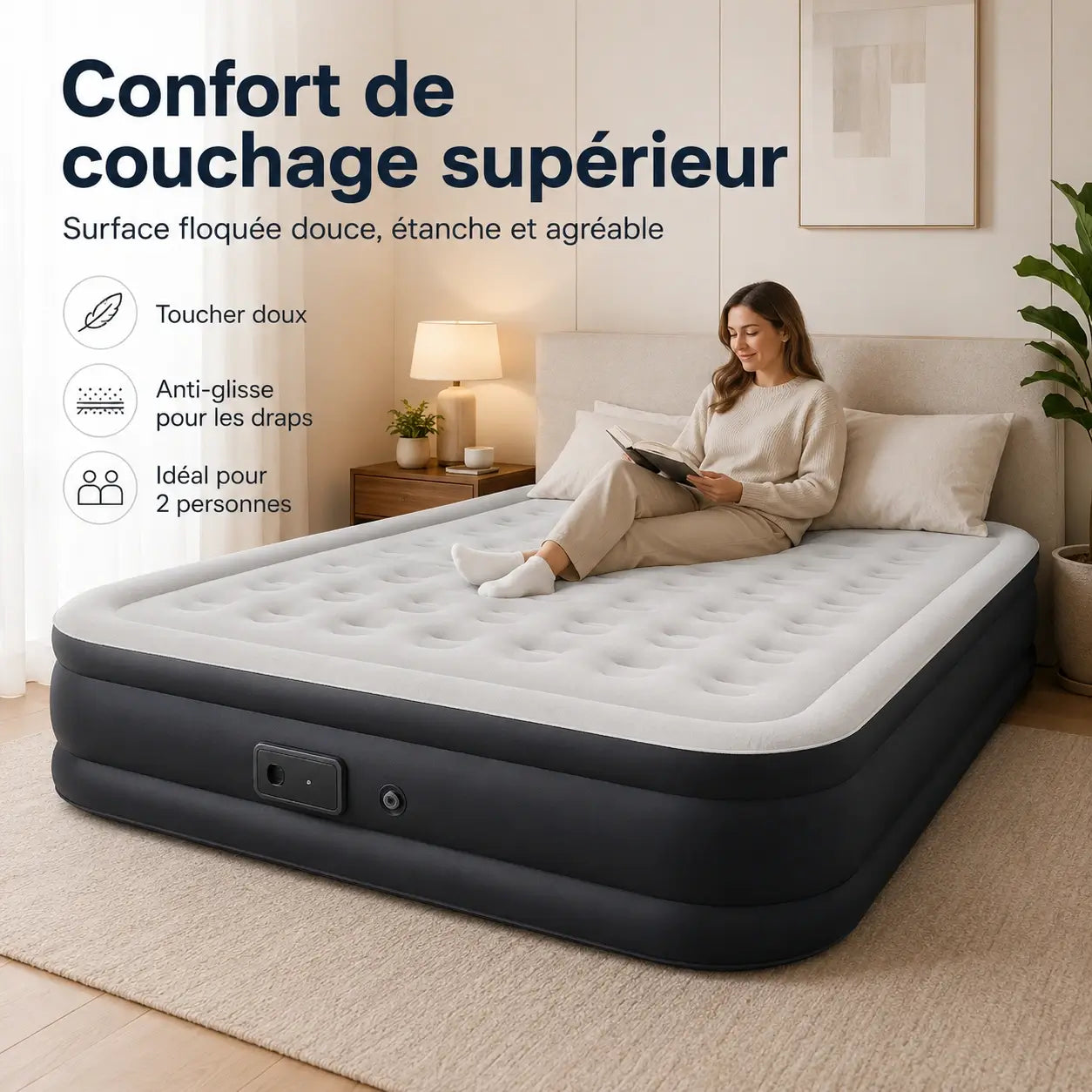 Matelas Gonflable 2 Places – Pompe USB Rechargeable & Arrêt Auto | Camping & Maison