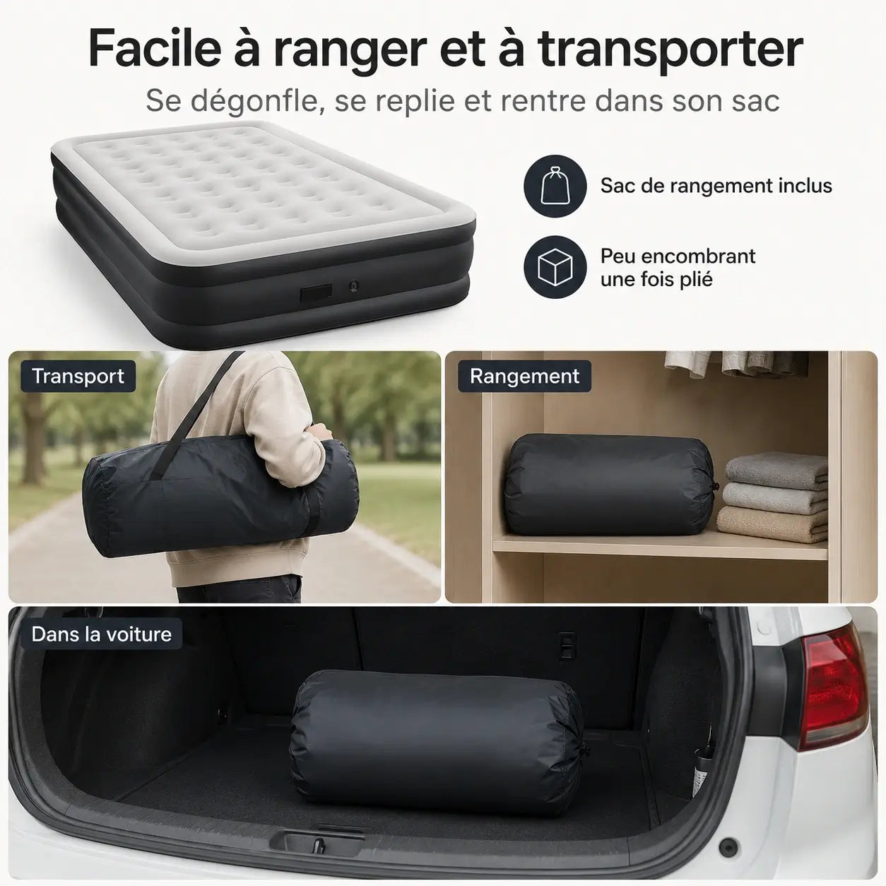 Matelas Gonflable 2 Places – Pompe USB Rechargeable & Arrêt Auto | Camping & Maison