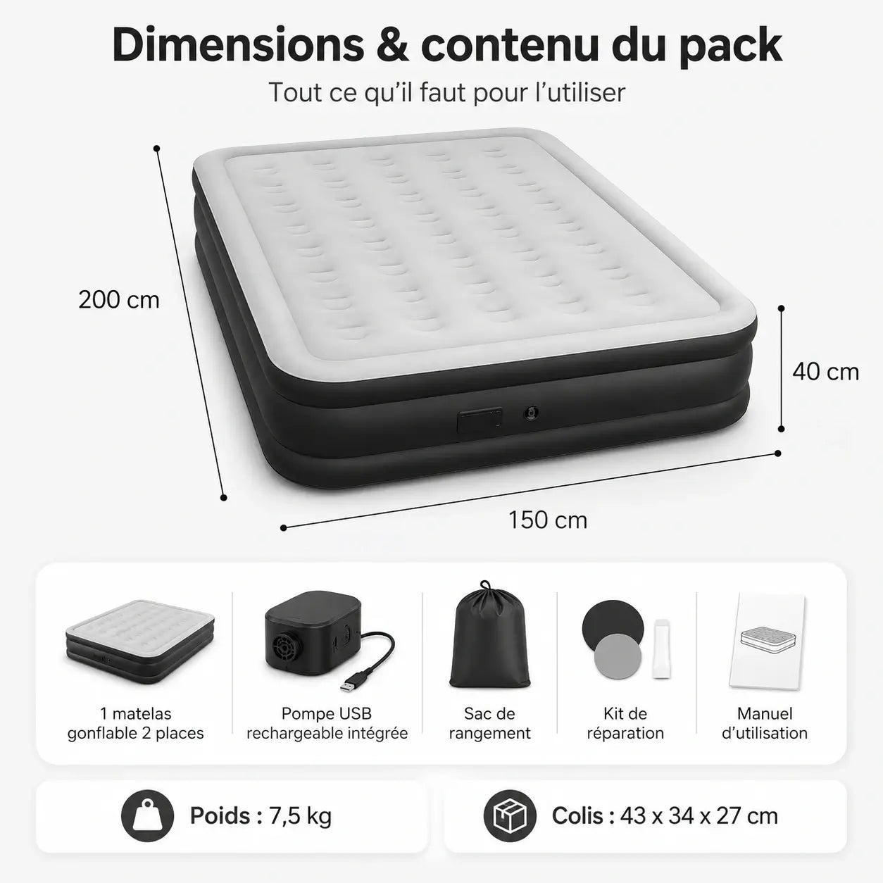 Matelas Gonflable 2 Places – Pompe USB Rechargeable & Arrêt Auto | Camping & Maison
