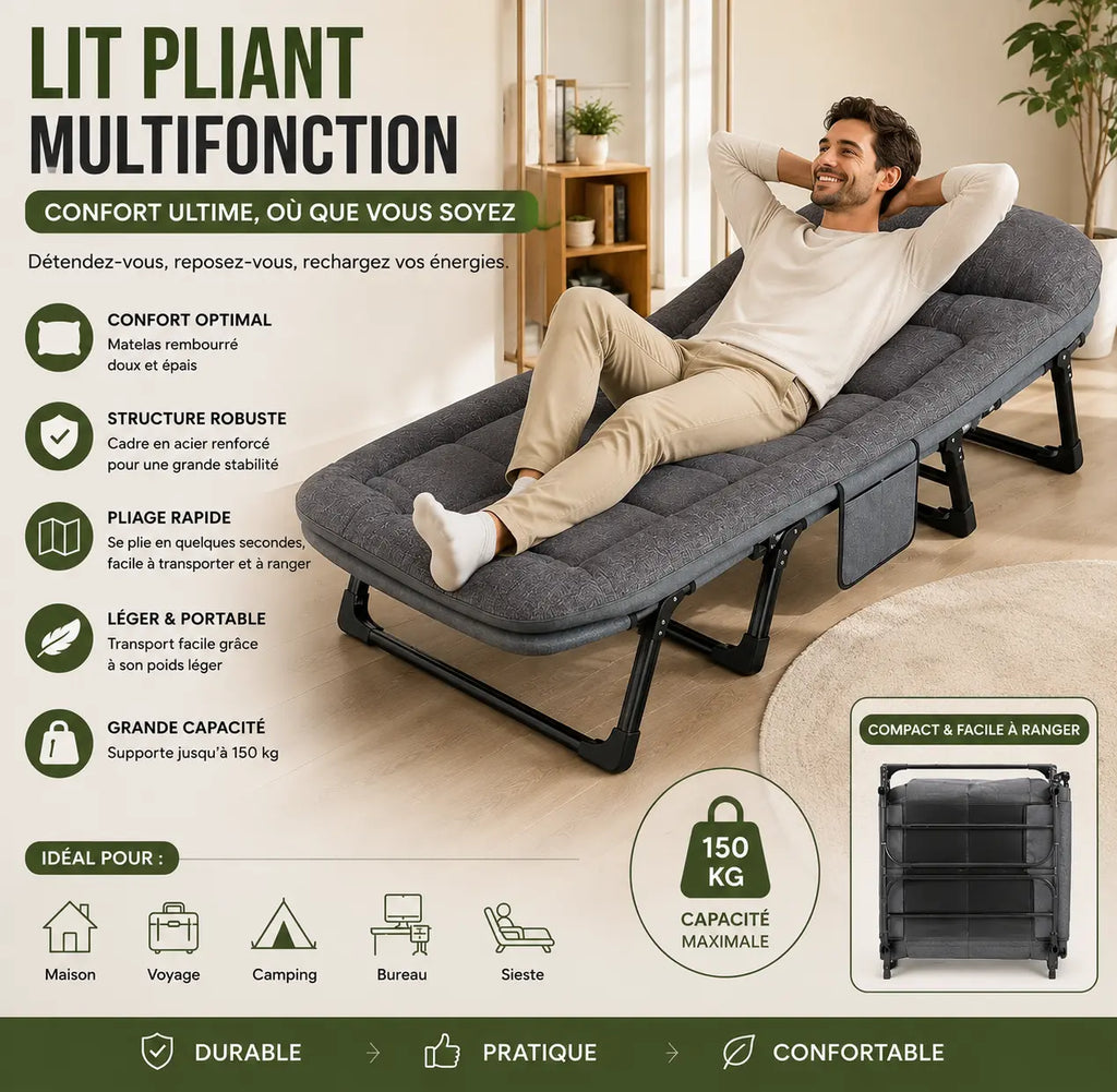Lit pliant portable réglable (180*60cm)